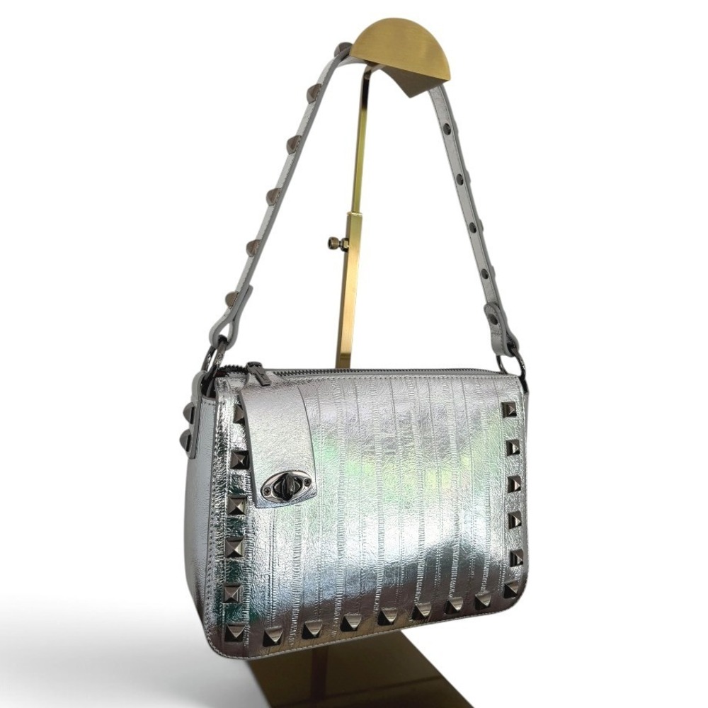 Sharif 1827 Metallic Silver Leather Studded Shoulder Crossbody Bag